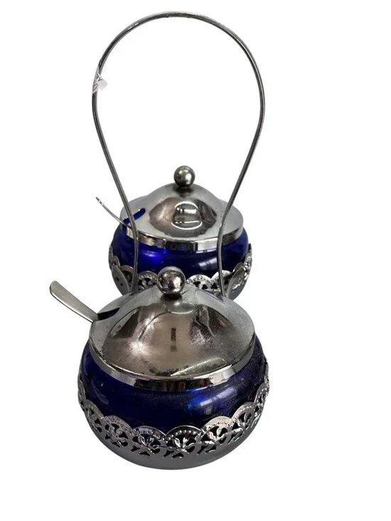 Mayell England Cobalt Blue Glass Double Condiment Jam Jar Set Silverplate 9 1/2" - Picture 4 of 7